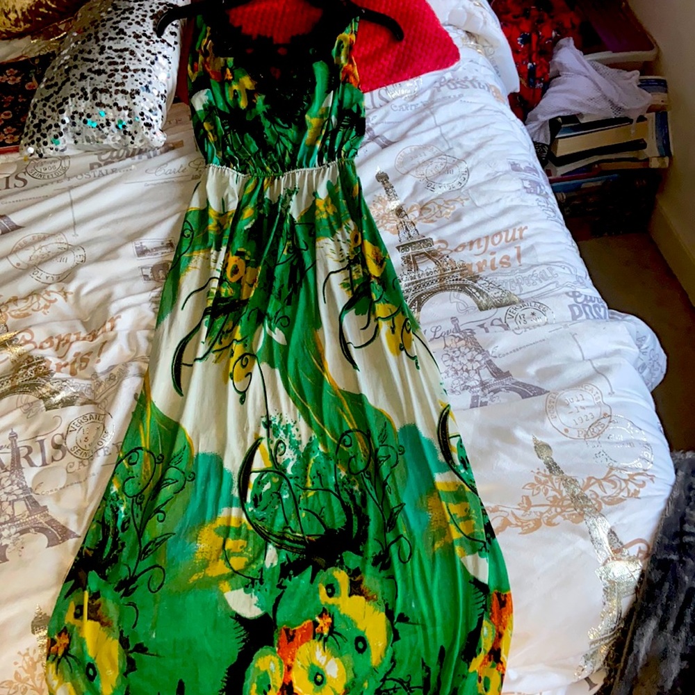 Long Colorful sundress with front lace trim